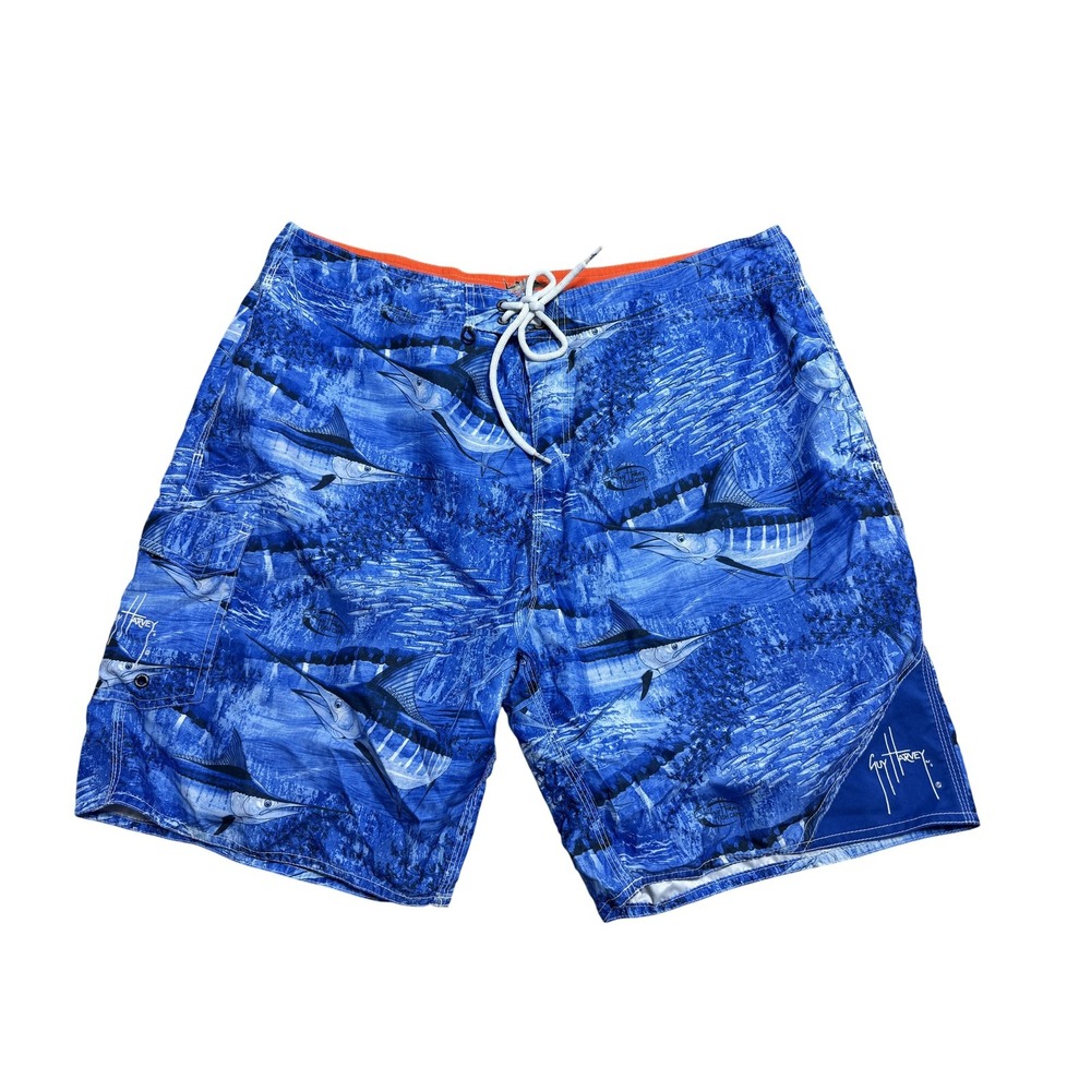 Guy Harvey Board Shorts Mens 38 Blue Marlin Fish Ocean Print Swim Trunks Pockets